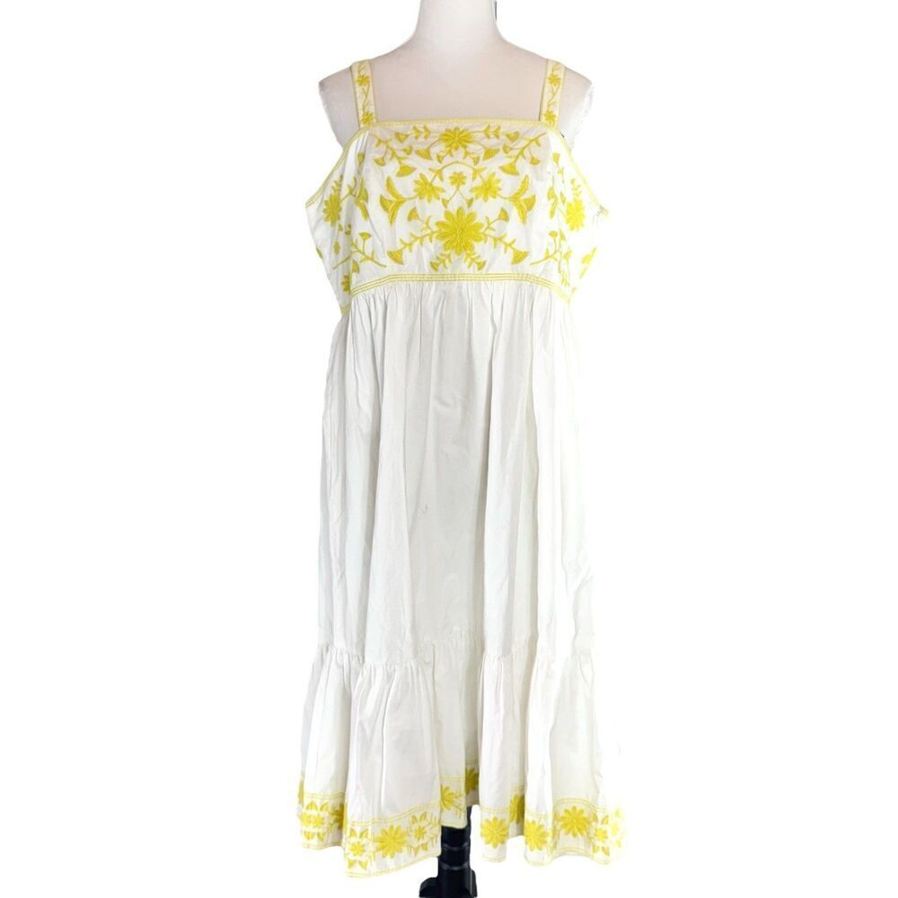 Ann Mashburn Embroidered Tiered Midi Dress XL White Yellow Cottage Tea Party NWT